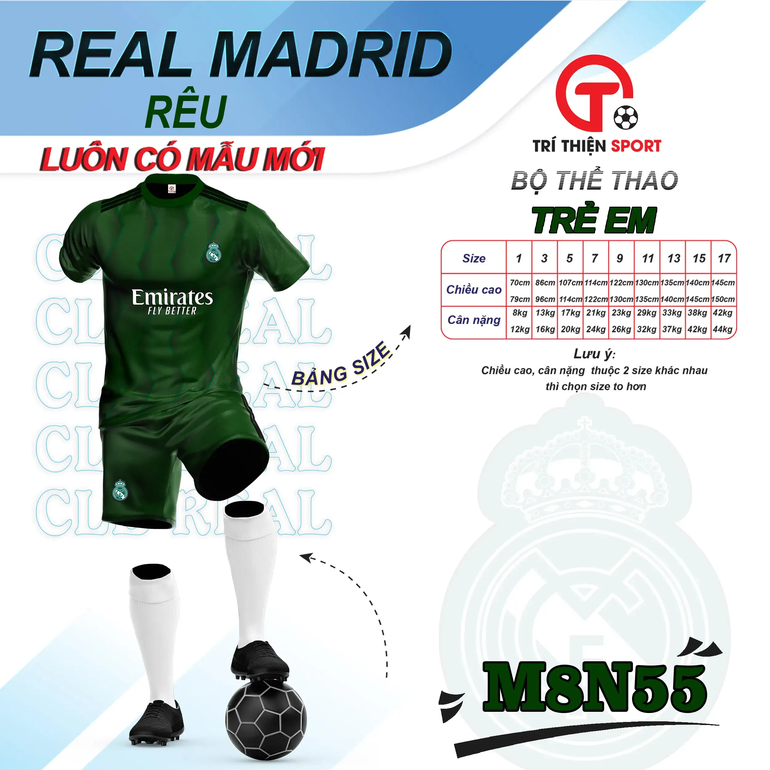 M8N55 áo thể thao clb real madrid màu rêu